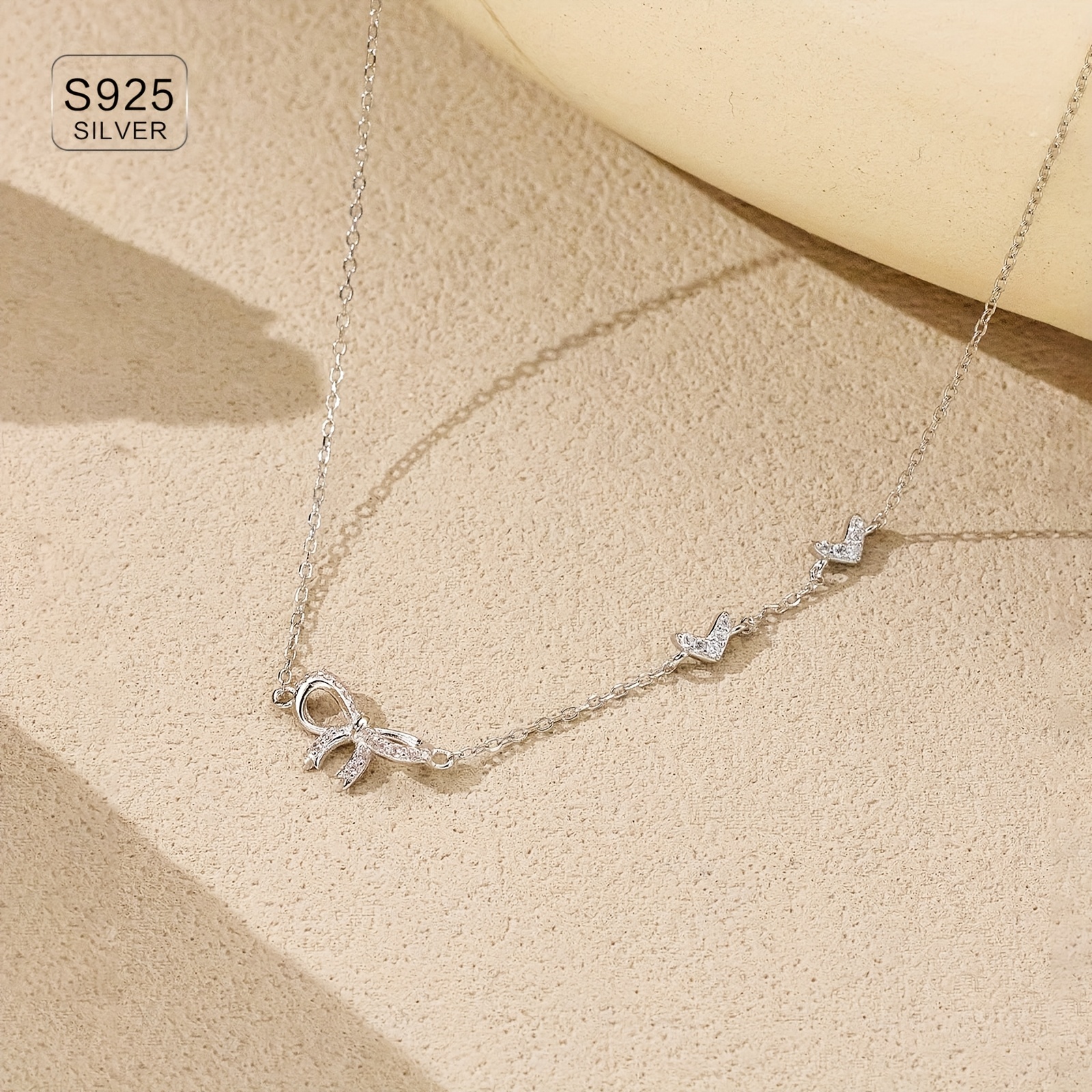 56g Zirconia Bowknot Necklace 925 Silver Heart Jewelry